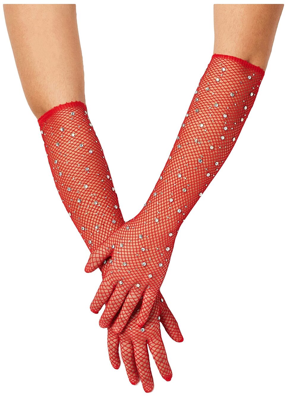 2420 Rhinestone Fishnet Long Gloves Costume Accessories, Red, One Size US